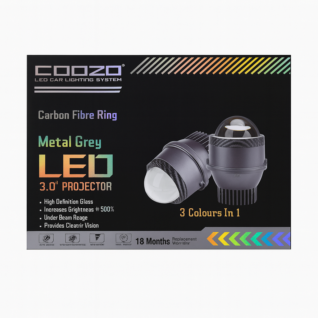 COOZO LED car lighting system packaging with product image and features on a black background