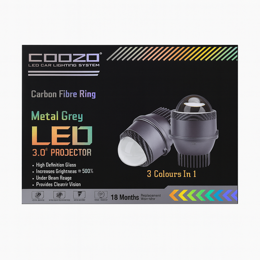COOZO LED car lighting system packaging with product image and features on a black background