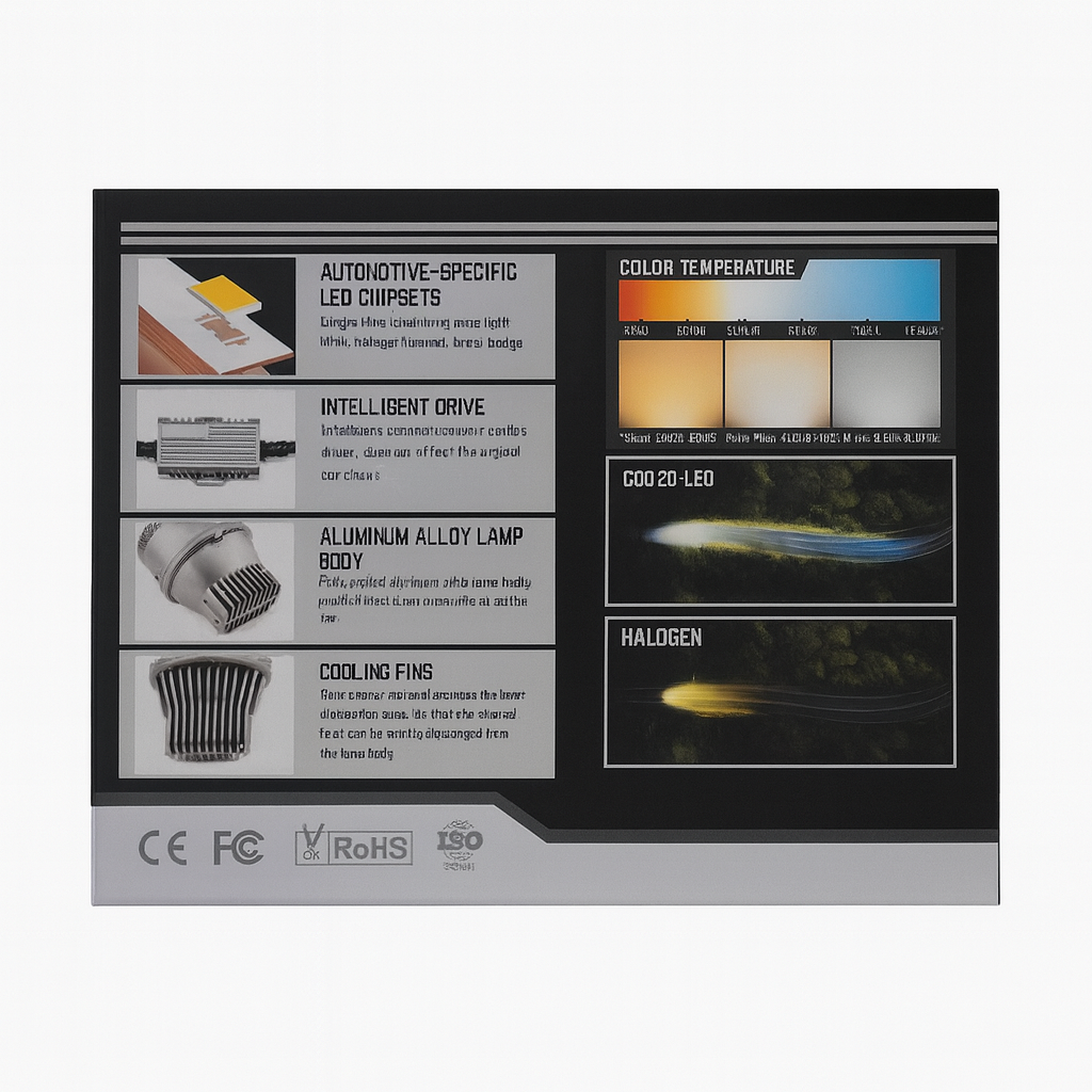 Technical specifications and features of LED automotive light components on a white background