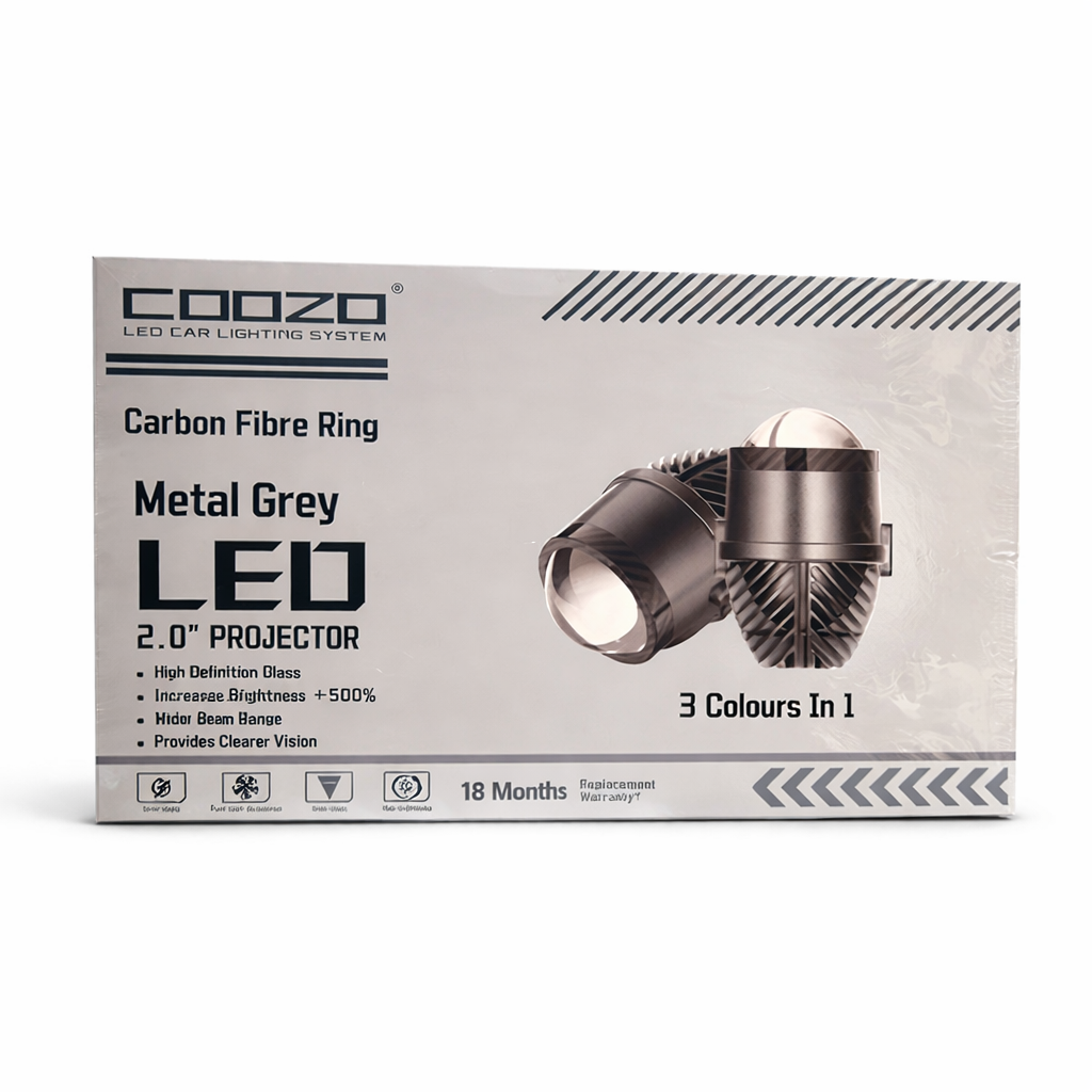 COOZO LED car lighting system packaging with carbon fiber ring design on a white background