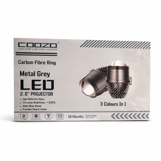 COOZO LED car lighting system packaging with carbon fiber ring design on a white background