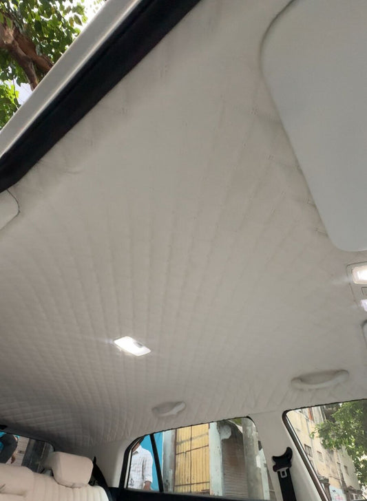 Car interior with a white ceiling and visible windows.