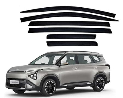 Car with window deflector strips displayed above on a white background