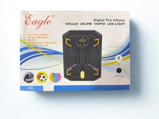 Box of Eagle digital tire inflator with product image and specifications on a white background