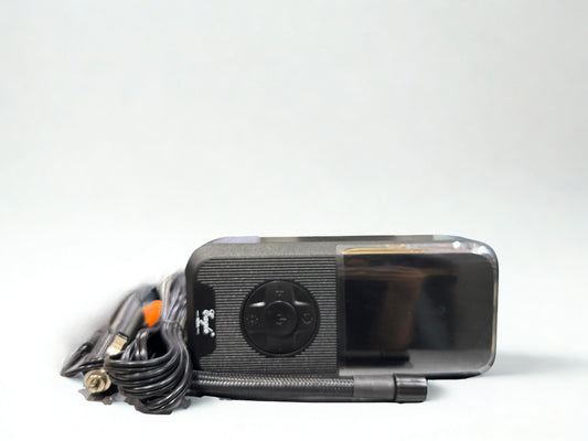 Black electronic device with a cable on a white background