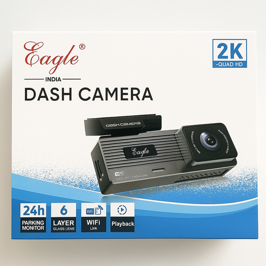 Eagle dash camera packaging with features highlighted on a white background
