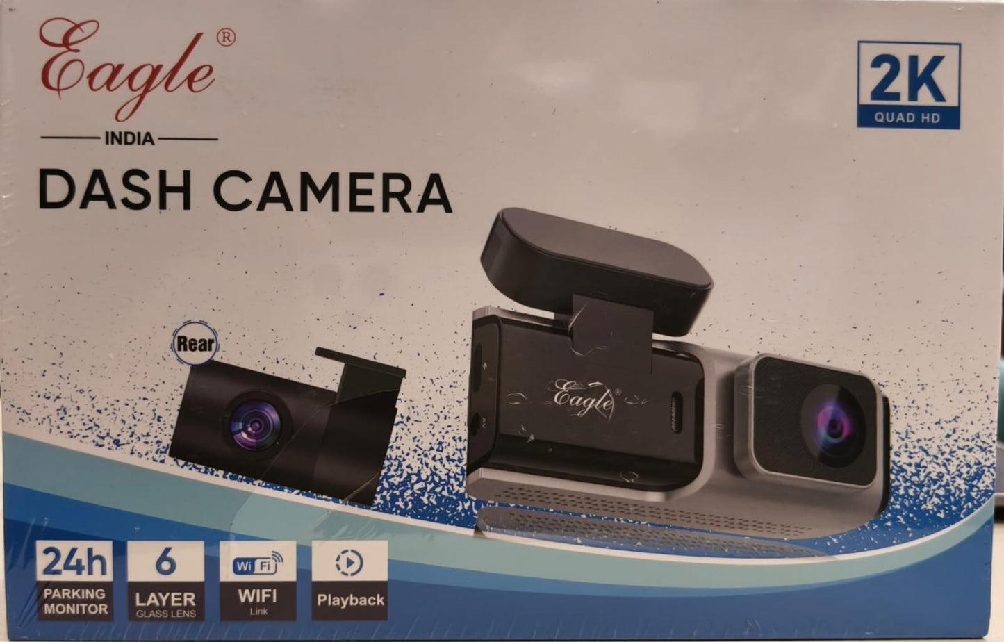 Eagle dash camera packaging with camera illustration on a light gray and blue background