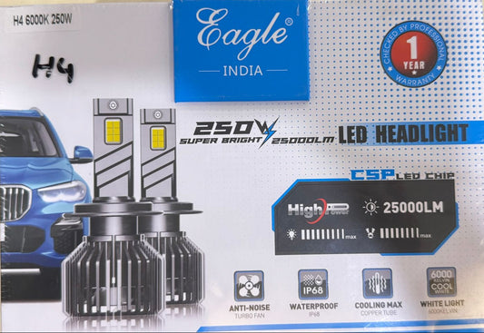 Eagle India LED headlight packaging with car illustration and product details.