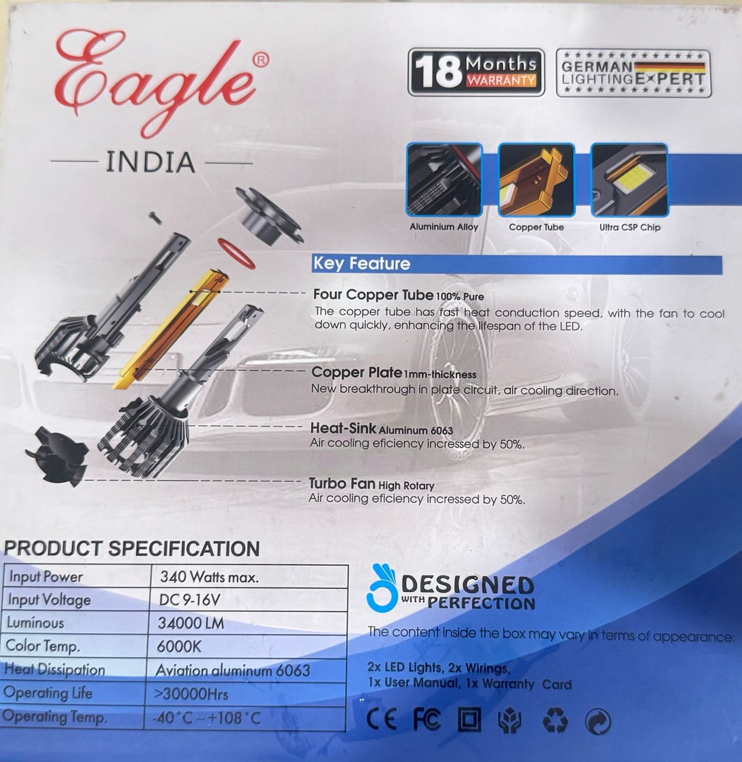 Eagle India LED product packaging with specifications and features.