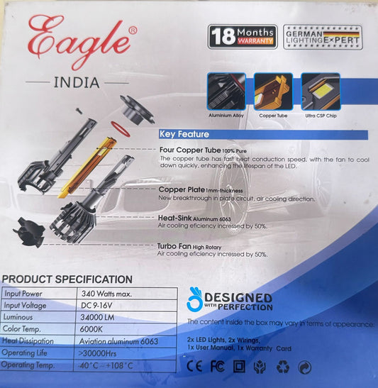Eagle India LED product packaging with specifications and features.