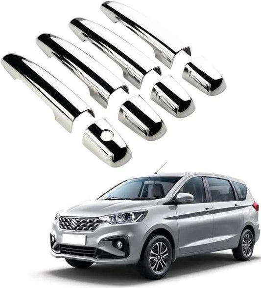 Set of chrome car door handles above a silver car on a white background