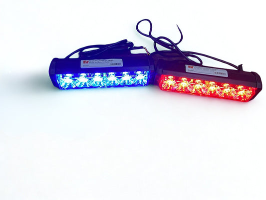 Two LED flashlights, one red and one blue, on a white background