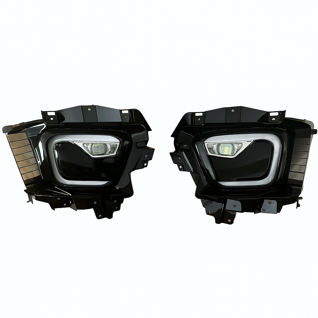 Pair of black car fog lights on a white background