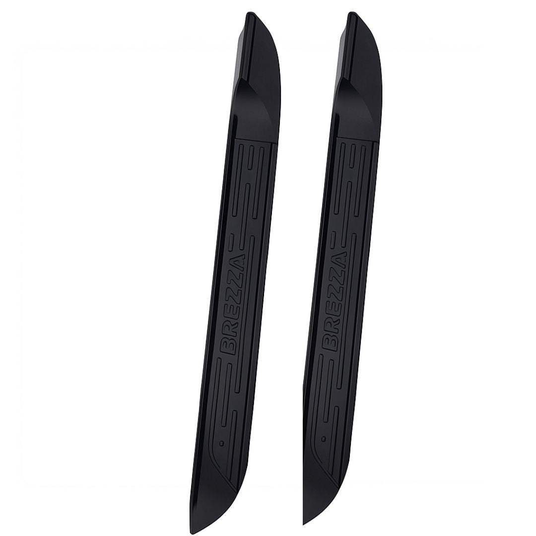 Two black car roof racks with 'Brezza' branding on a white background