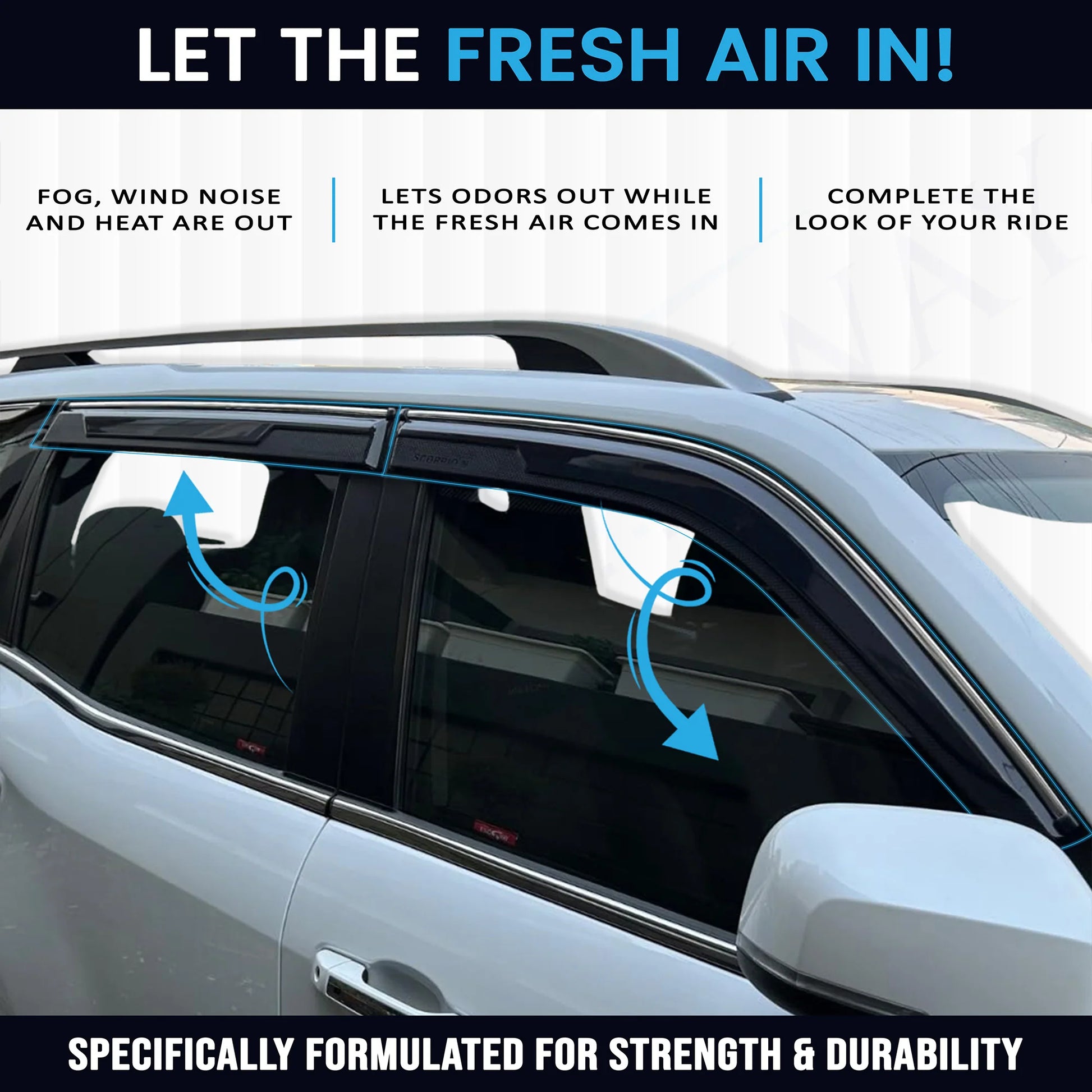 Car window treatment with text 'Let the fresh air in!' and features listed.