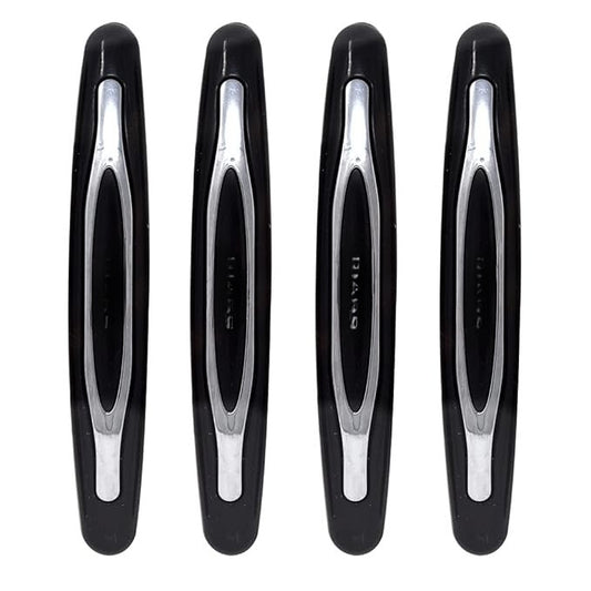 Four black and silver door handles arranged in a row on a white background.
