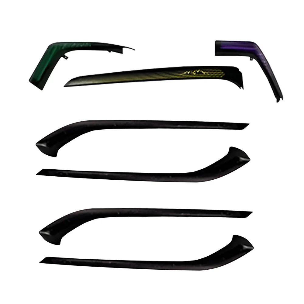Set of car window deflectors in various colors on a white background