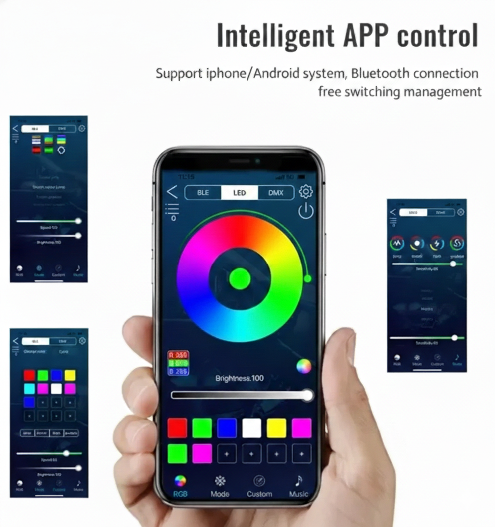 Smartphone displaying color control app with multiple app icons on a white background
