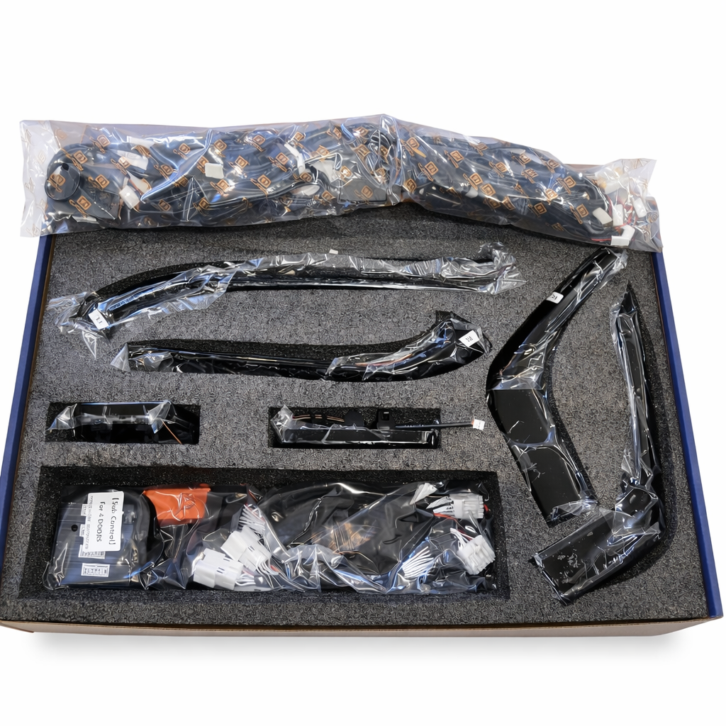 Automotive parts in a box with clear plastic packaging on a white background
