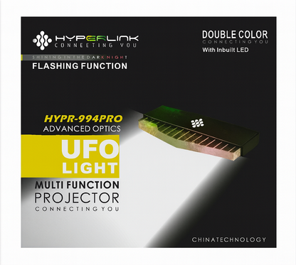 Hyperlink UFO light projector packaging with text and product image.