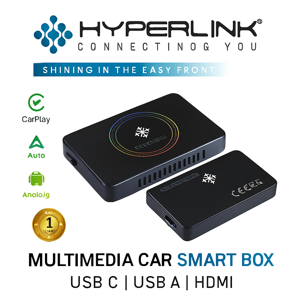 Multimedia car smart box with Hyperlink branding on a white background