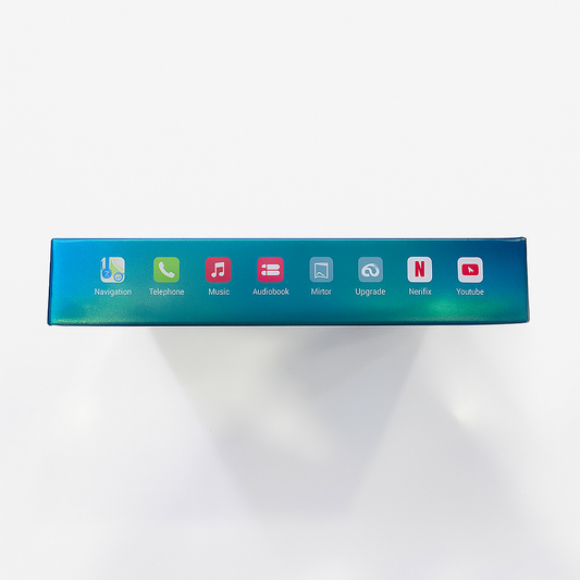 Top of a smartphone with app icons on a blue background