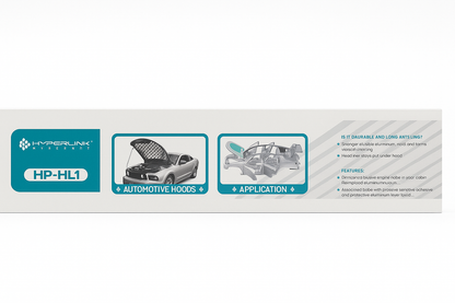 Product packaging for Hyperlink HP-HL1 automotive hood with illustrations and text.