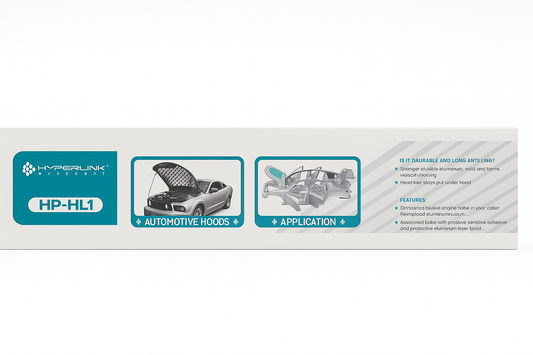 Product packaging for Hyperlink HP-HL1 automotive hood with illustrations and text.