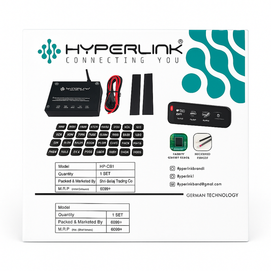Hyperlink product packaging with components on a white background
