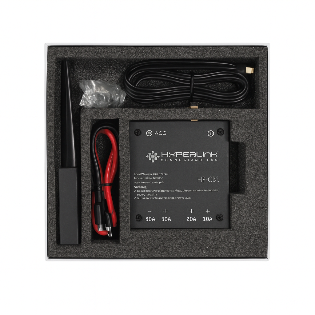 Electronic device with cables and connectors in a Hyperlink branded box on a white background