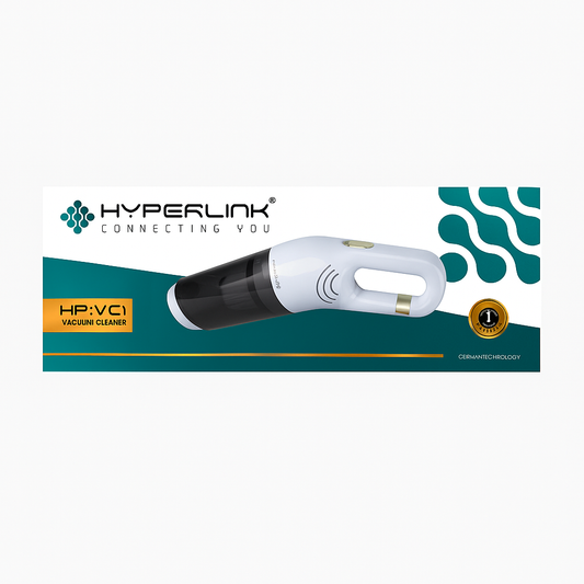 Hyperlink vacuum cleaner packaging with brand logo and product image on a white background