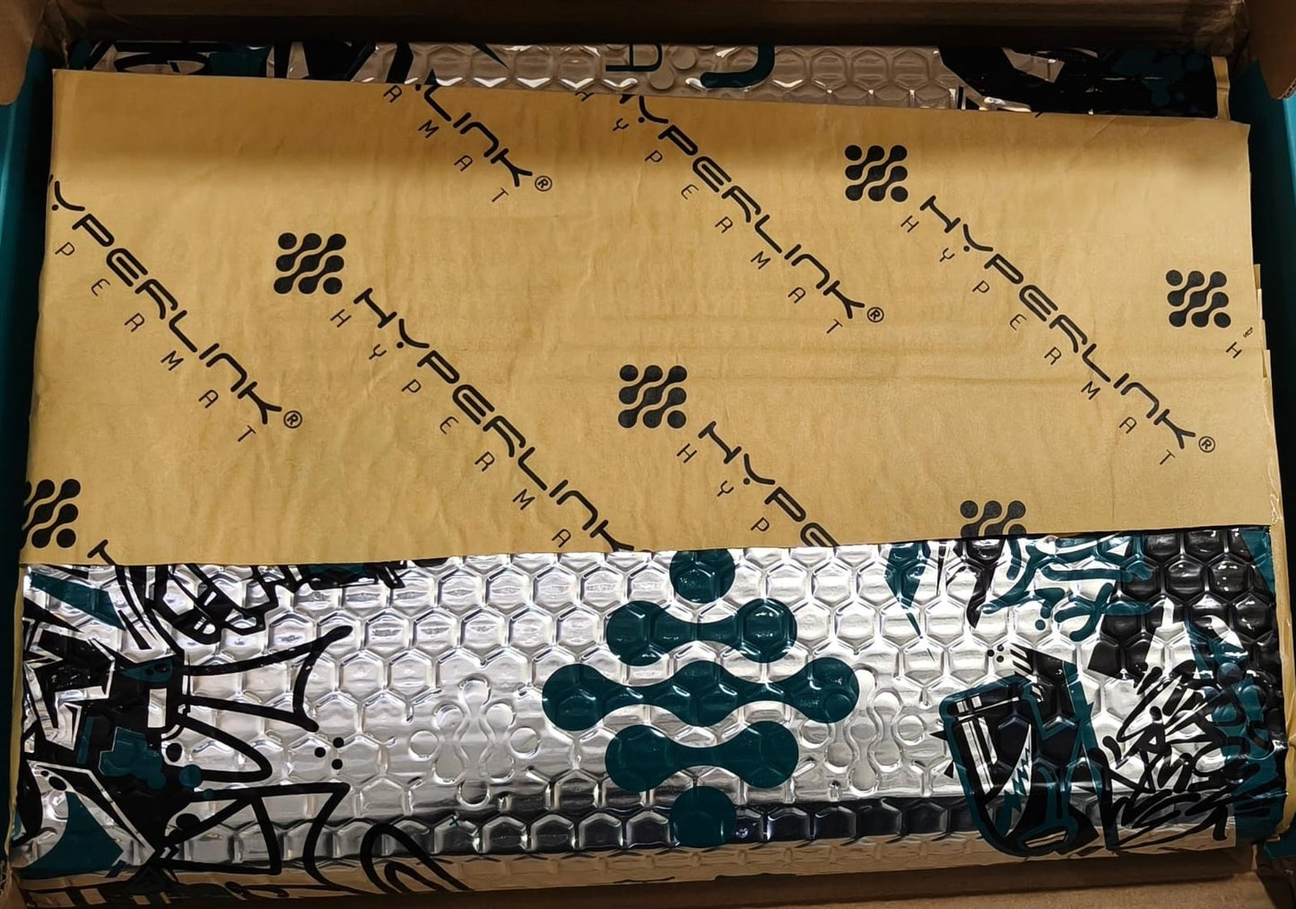 Product packaging with Hyperlink branding on a cardboard sheet.