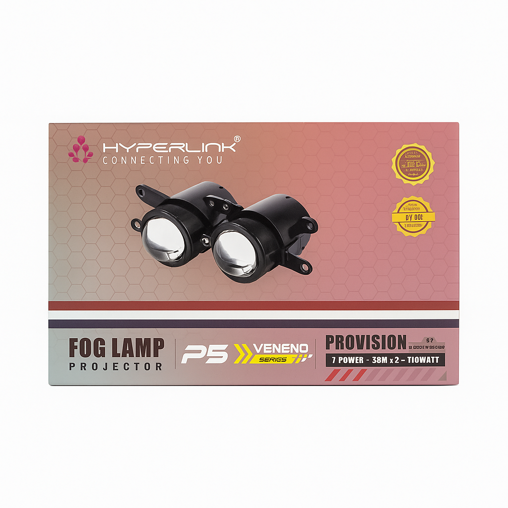 Hyperlink fog lamp projector packaging with brand logo and product details.