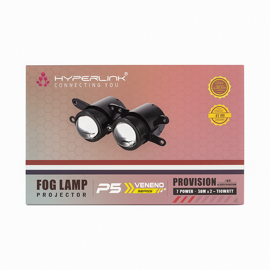 Hyperlink fog lamp projector packaging with brand logo and product details.
