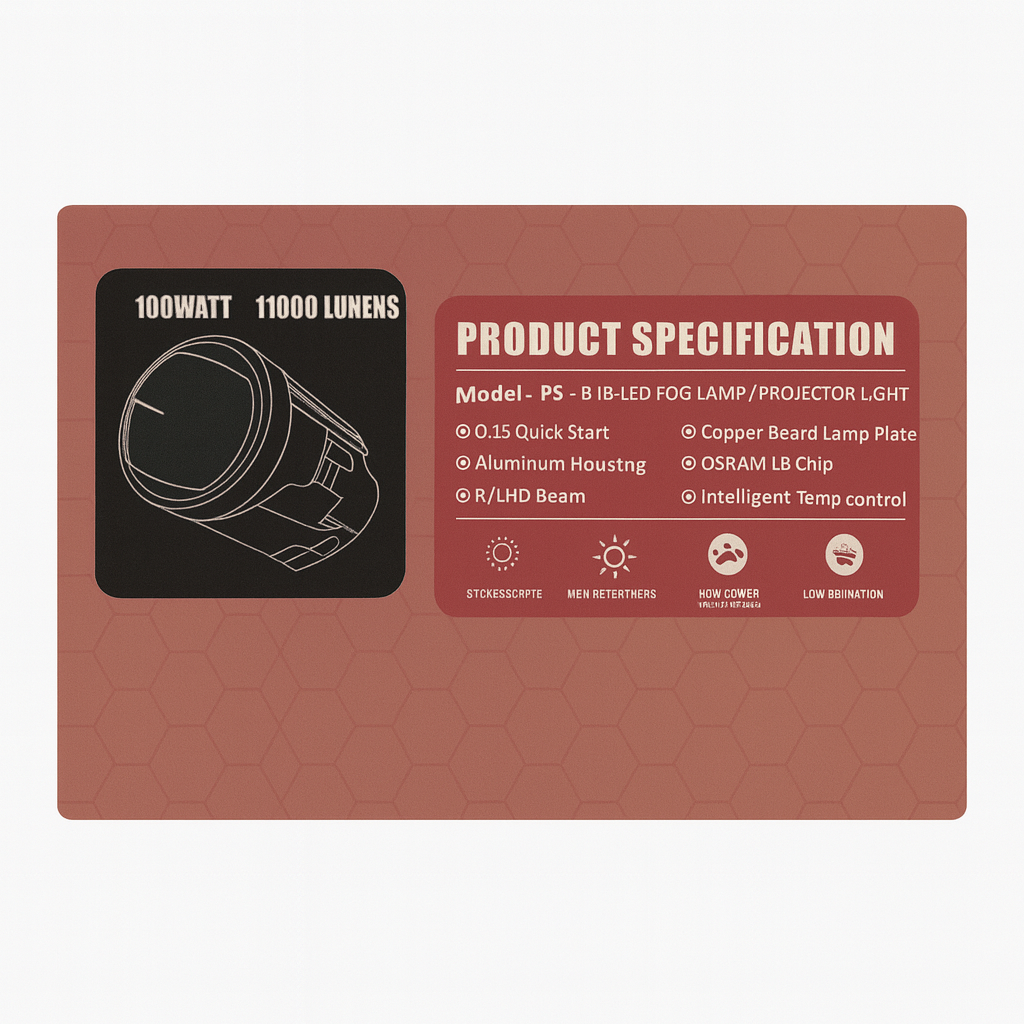 Product specification card for a light bulb with technical details on a brown background