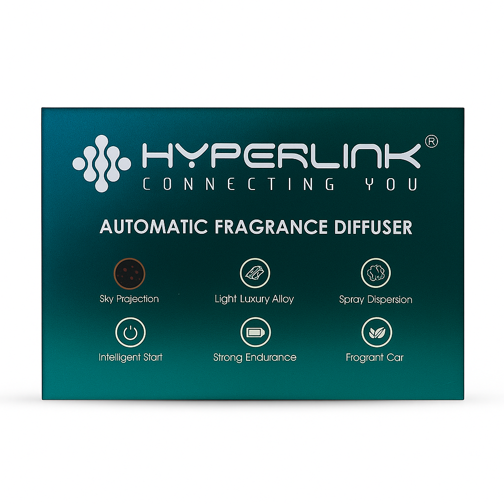 Hyperlink automatic fragrance diffuser packaging on a white background