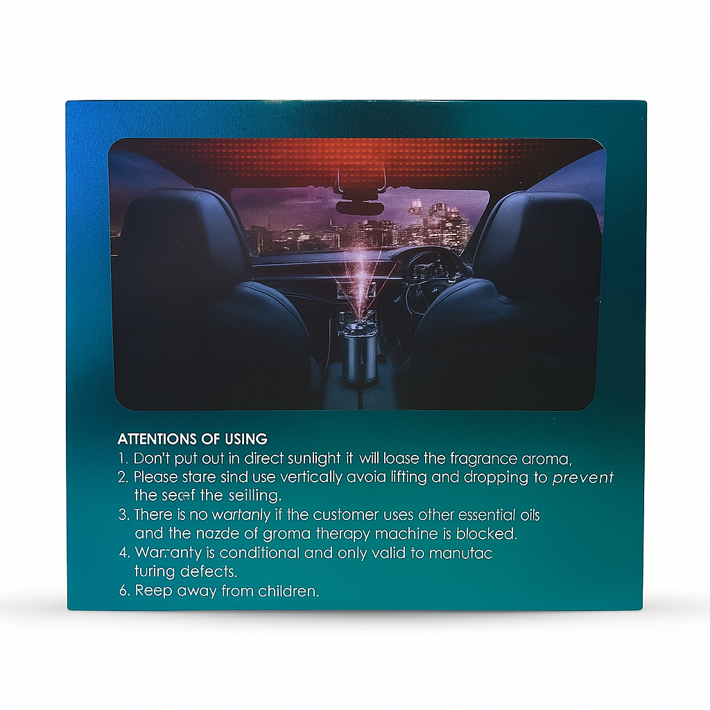 Product packaging with a car interior scene and usage instructions on a white background