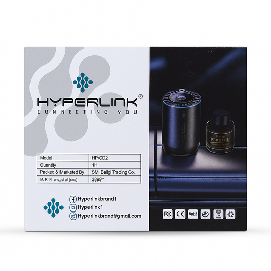 Hyperlink product packaging with branding and product image on a white background