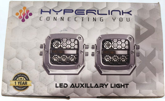 Box of Hyperlink LED auxilliary lights with brand logo and product details.