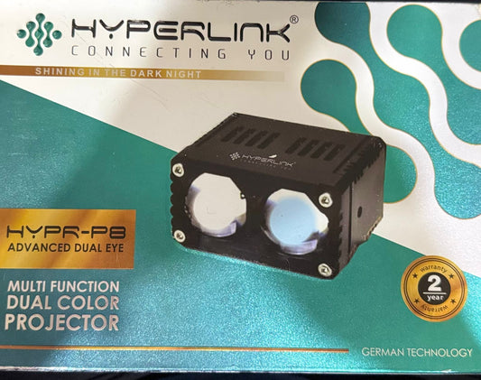 Hyperlink multi-function dual color projector packaging with brand logo and product details.