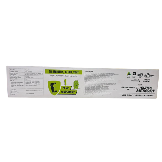 Product packaging with warranty and memory specifications on a white background