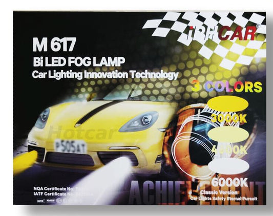 Advertisement for a car fog lamp with a yellow car and checkered pattern in the background.