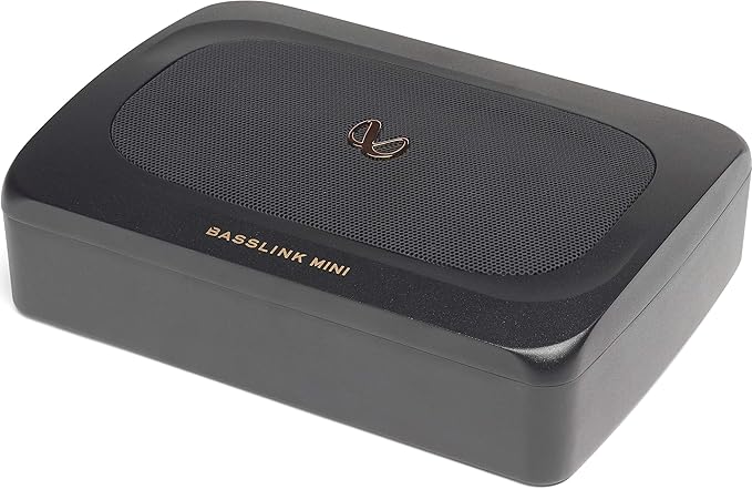 Black portable speaker with 'Basslink Mini' branding on a white background