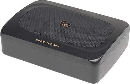 Black portable speaker with 'Basslink Mini' branding on a white background