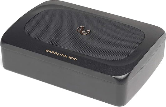 Black portable speaker with 'Basslink Mini' branding on a white background