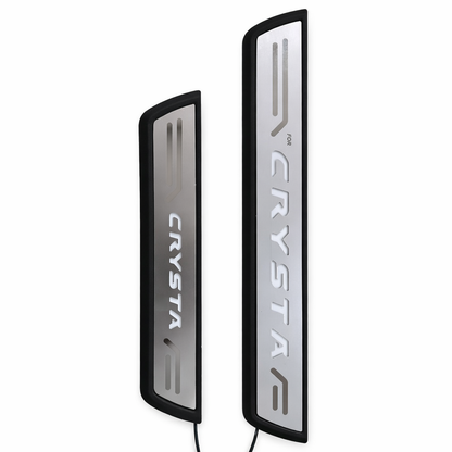 Two black and silver panels with 'CRYSTA' branding on a white background