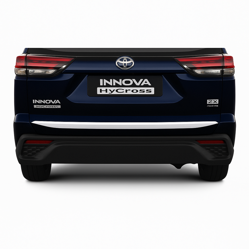 Back view of a blue Toyota Innova HyCross on a white background