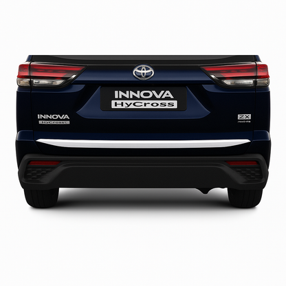 Back view of a blue Toyota Innova HyCross on a white background
