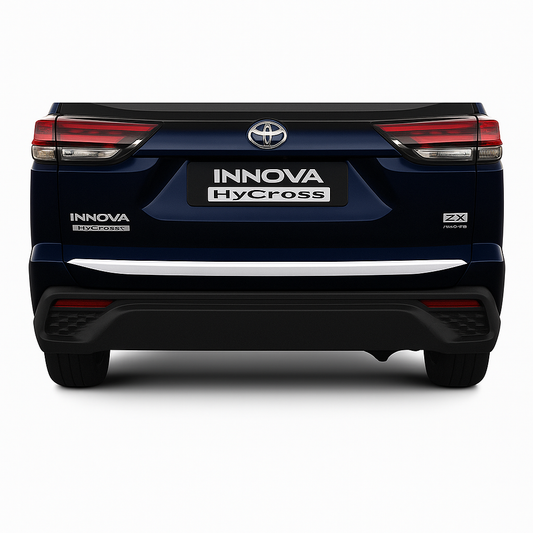 Back view of a blue Toyota Innova HyCross on a white background