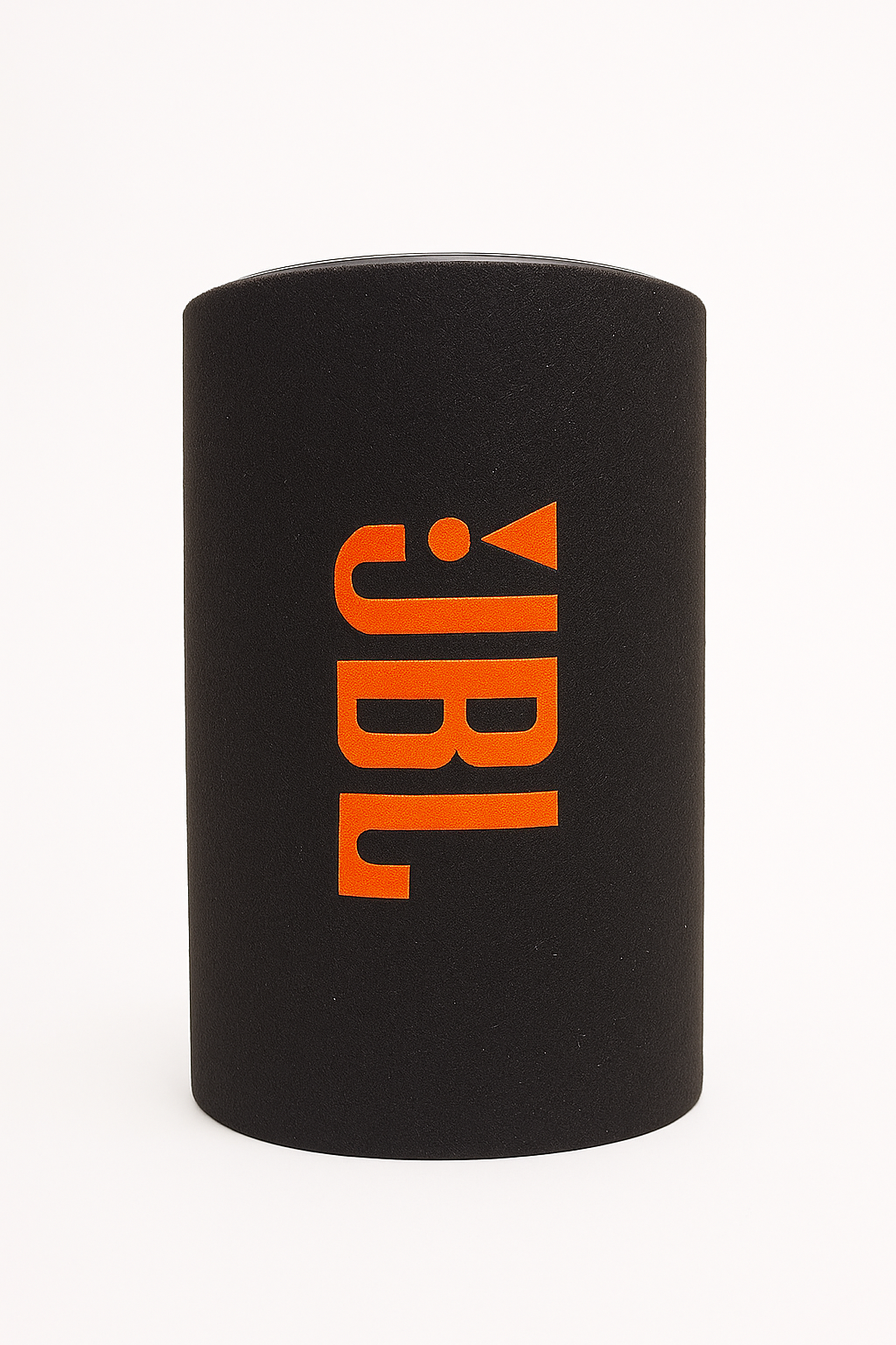 Black can cooler with orange JBL logo on a white background